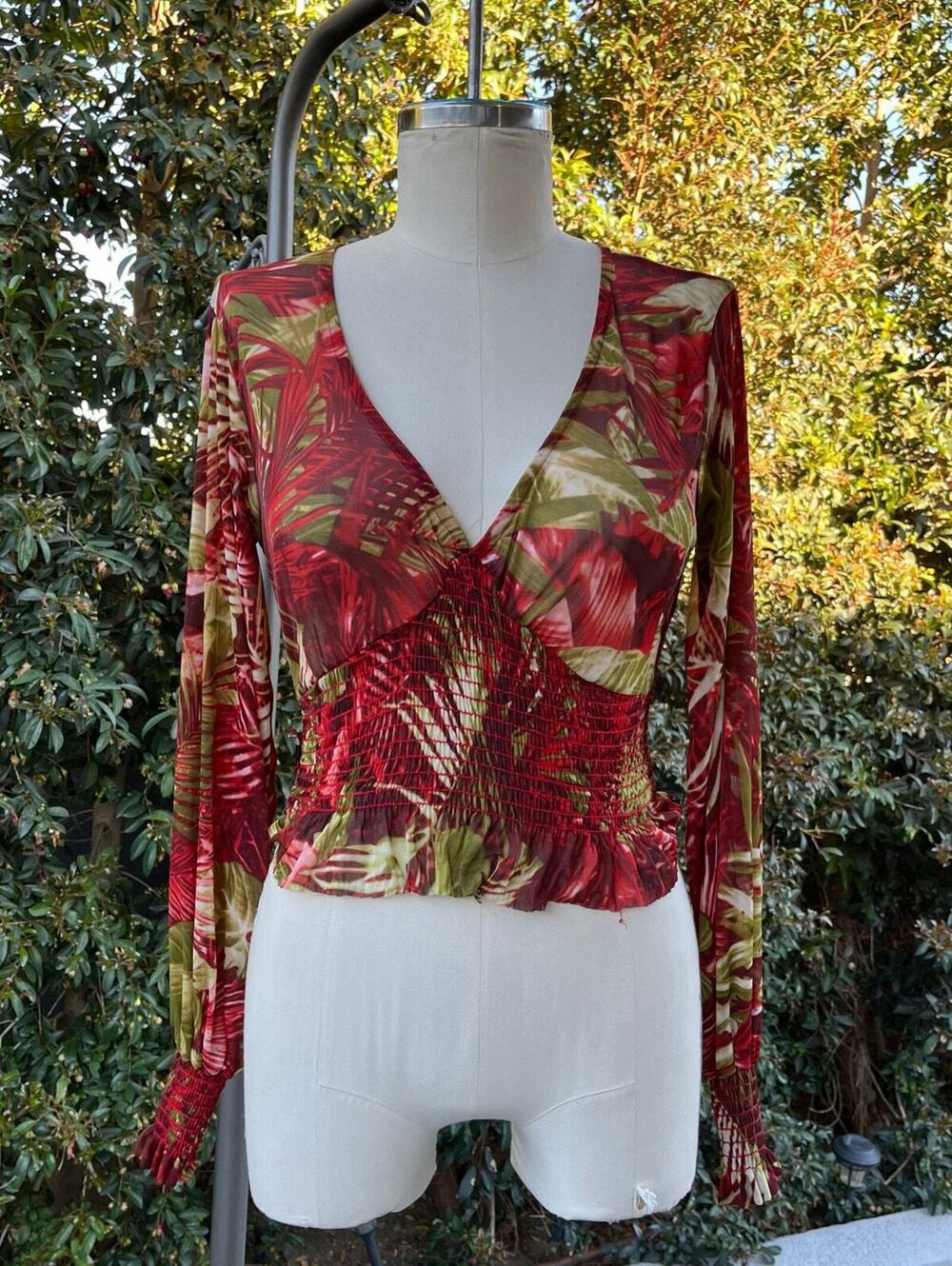 Y2K Tropical Floral Crop Top Smock Waist V-Neck Long Sleeve USA Made Small